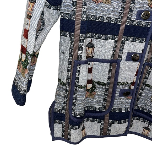 Vintage Lighthouse Nautical Tapestry Jacket Coat coastal grandma L xl yachtcore - Picture 2 of 8